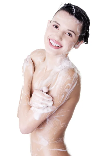 Fiatal nő beleférjen zuhany — Stock Fotó