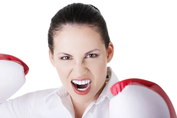 Jeune femme d'affaires avec gants de boxe — Photo