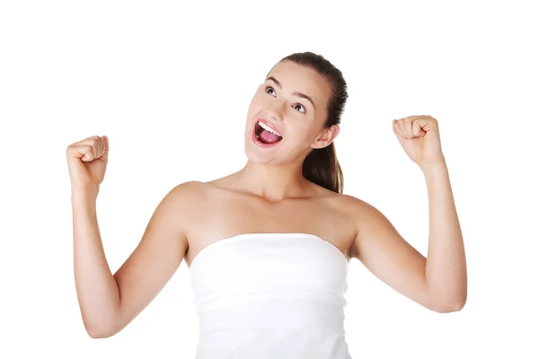 Excited teen woman with fists up — Stock Photo, Image