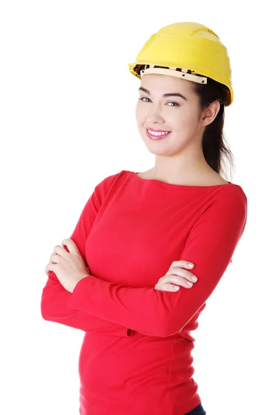 헬멧에서 자신감 여성 노동자의 초상화. — 스톡 사진