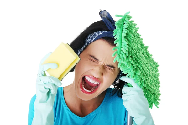 Cansado frustrado e exausto mulher de limpeza — Fotografia de Stock