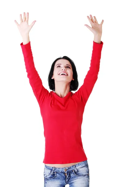 Excited happy young woman with hands up — Stock Photo, Image