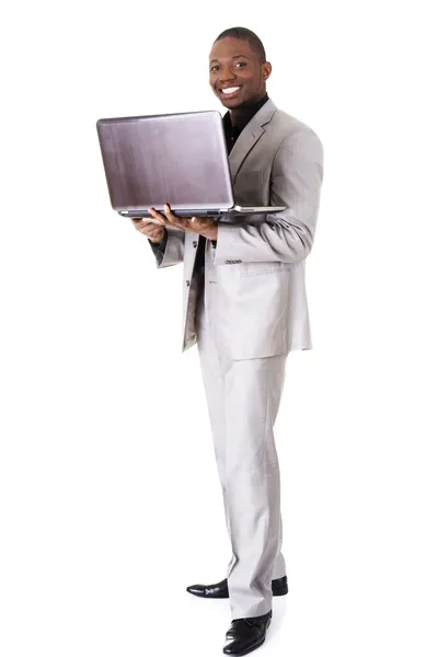 Šťastný podnikatel s notebookem — Stock fotografie