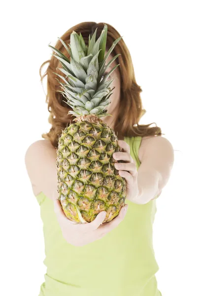 Happy woman with fresh pineapple fruit — Stock Photo, Image