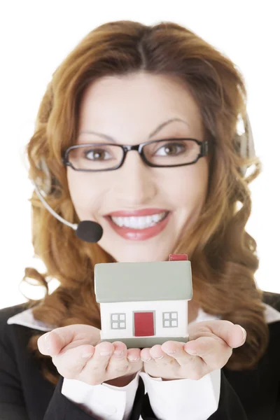 Call center asszisztens nő ház modell — Stock Fotó