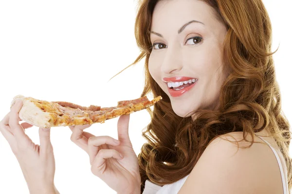 Gelukkige vrouw eten van pizza. — Stockfoto