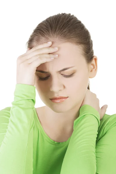 Jovem mulher triste tem grande problema, depressão ou dor de cabeça — Fotografia de Stock