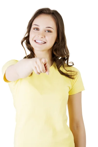 Young beautiful caucasian woman pointing on you — Stock Photo, Image