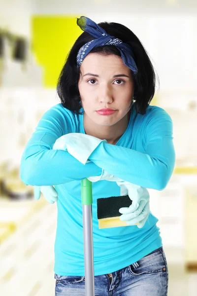 Tired and exhausted cleaning woman — Stock Photo, Image