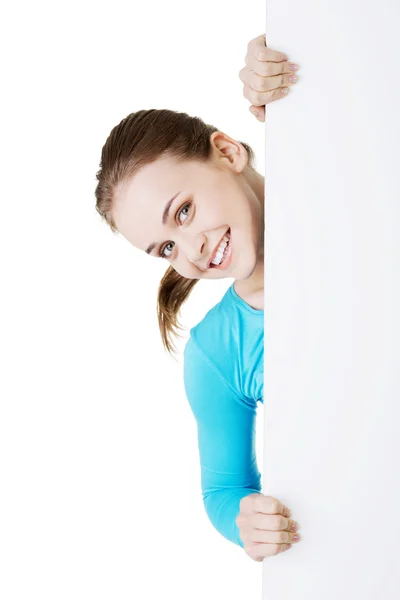 Ritratto giovane donna felice con bordo bianco — Foto Stock
