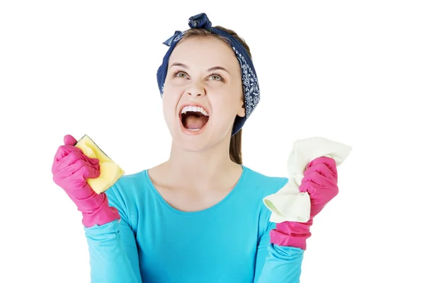 Tired and exhausted cleaning woman screaming — Stock Photo, Image