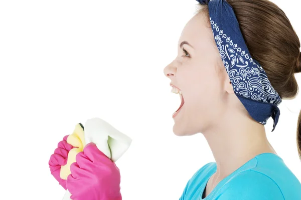 Tired and exhausted cleaning woman screaming — Stock Photo, Image