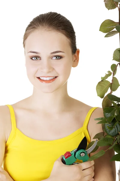 Happy gardener using pruning scissors. — Stock Photo, Image