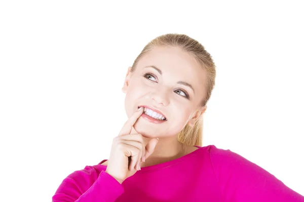 Mujer conmocionada y emocionada mirando hacia arriba —  Fotos de Stock