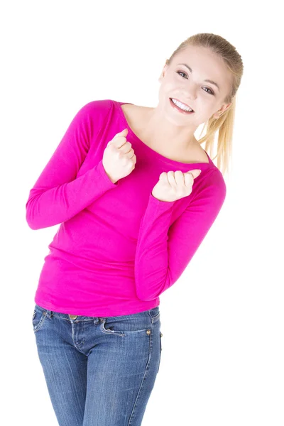 Opgewonden gelukkig succes jonge vrouw met vuisten — Stockfoto