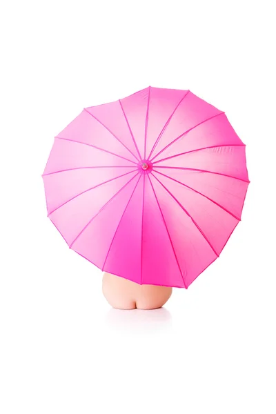 Artistic shoot of beautiful nude woman under pink umbrella — Stock Photo, Image