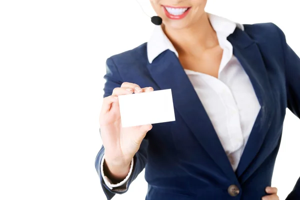 Representante de servicio al cliente con auriculares con un emp en blanco —  Fotos de Stock