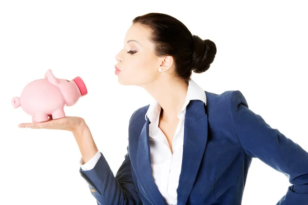 Happy excited success business woman with her savings — Stock Photo, Image