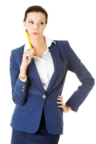 Atractiva mujer de negocios feliz con pluma —  Fotos de Stock