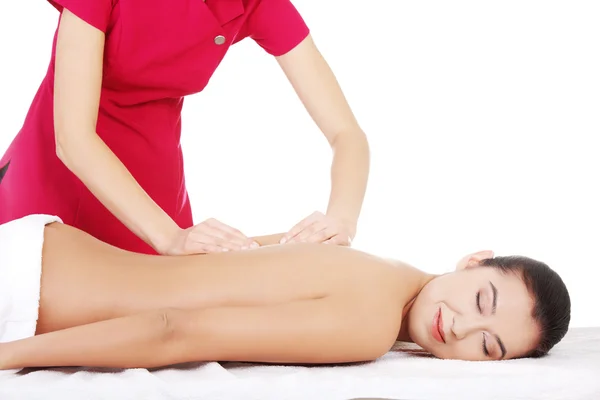 Preaty young woman relaxing heaving massage therapy — Stock Photo, Image
