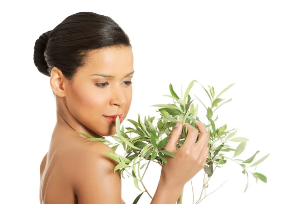 Woman with health skin and with olive tree — Stock Photo, Image