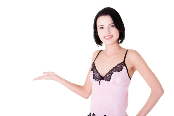 Beautiful slim woman in lingerie presenting copy space. — Stock Photo, Image