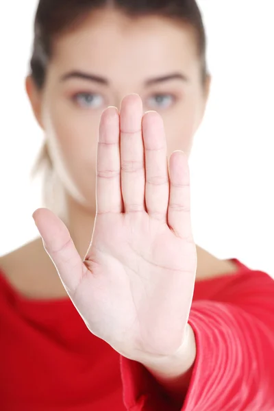 Vertrouwen vrouw maken stop gebaar zingen — Stockfoto