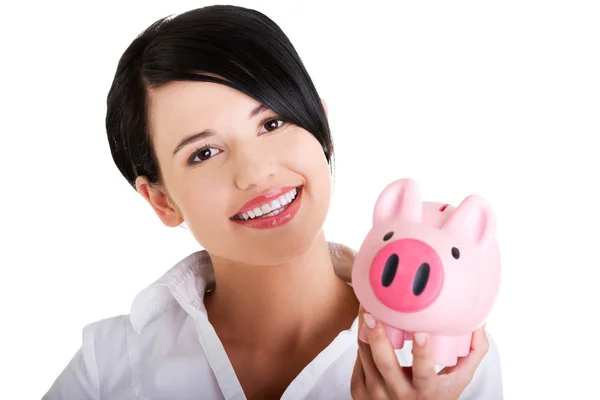 Glad affärskvinna med hennes besparingar — Stockfoto