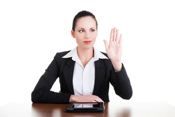 Businesswoman working on tablet computer with touch pad. — Stock Photo, Image