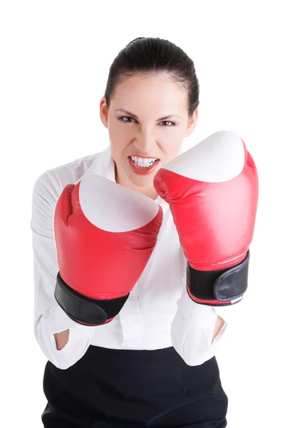 Jovem empresária com luvas de boxe — Fotografia de Stock