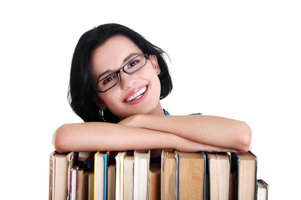 Feliz sorrindo jovem estudante mulher com livros — Fotografia de Stock