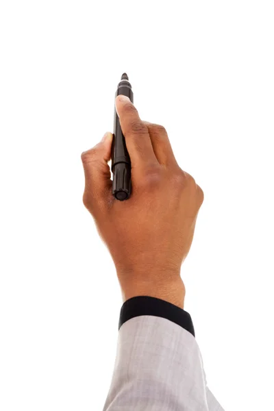 Mano masculina con pluma tratando de escribir en el espacio coppy . — Foto de Stock