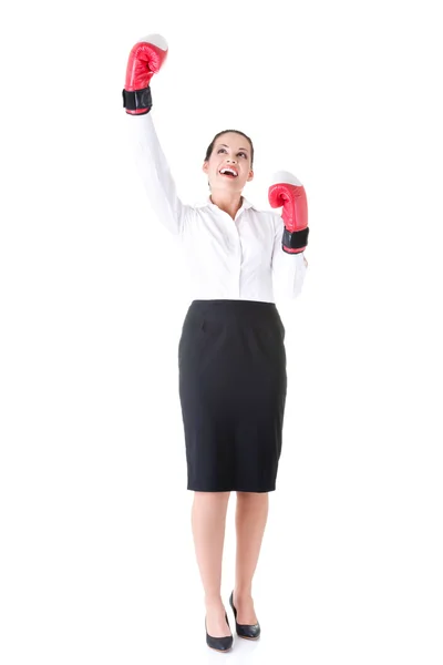 Business woman wearing boxing gloves. — Stock Photo, Image