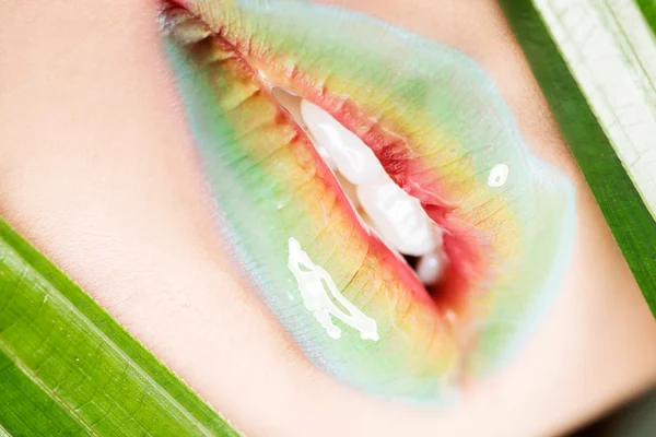 Detailní záběr ženské rty. barevný make-up. — Stock fotografie
