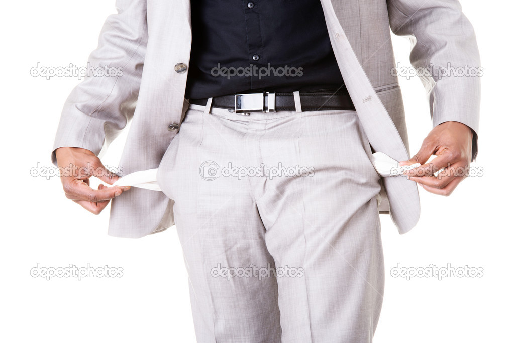 Male businessman showing open pockets.