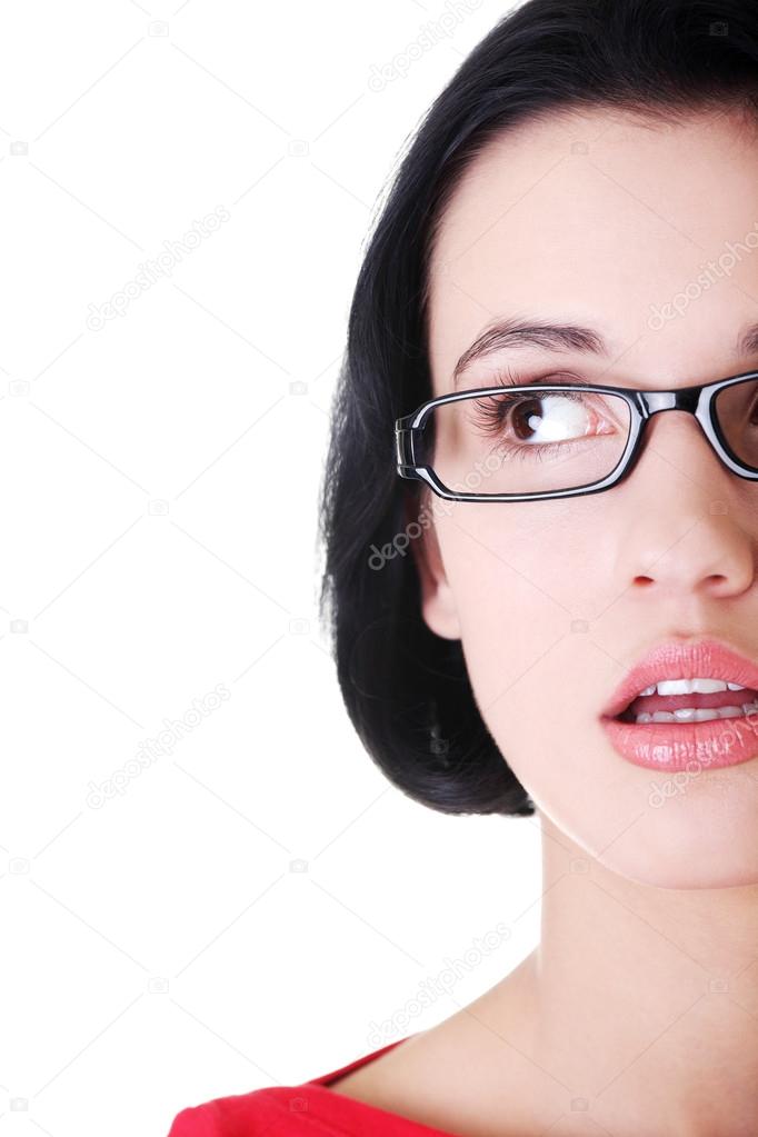 Female's face with eyeglasses. Cut out.