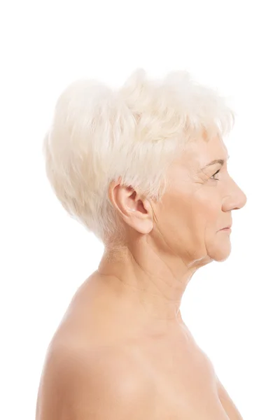 Portrait of nude old woman- head and shoulders. — Stock Photo, Image