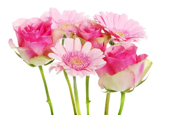 En bukett med rosa gerbera blommor och rosor. — Stockfoto