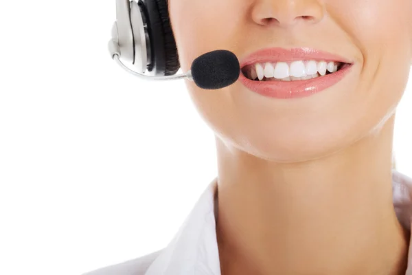 Close up on female's mouth with microphone. — Stock Photo, Image