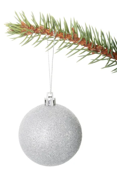 Een gescheiden Kerst bal overhandigen op een dennenboom. — Stockfoto