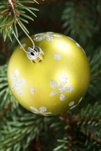 One gold christmas ball hanging on a tree. — Stock Photo, Image