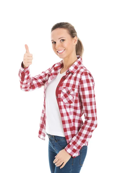 Retrato de mulher jovem casual mostrando OK . — Fotografia de Stock