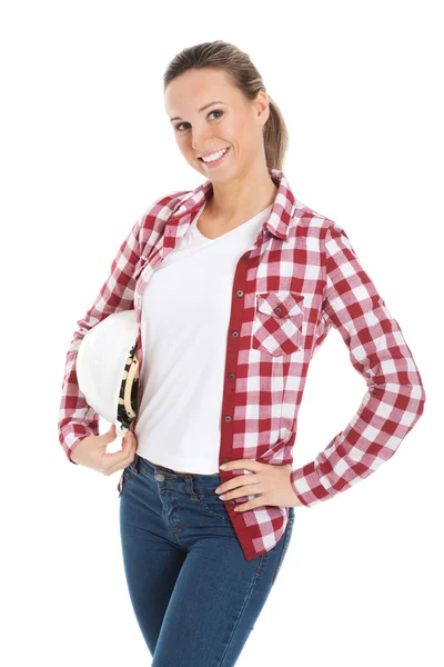 Young woman holding safety helmet. — Stock Photo, Image