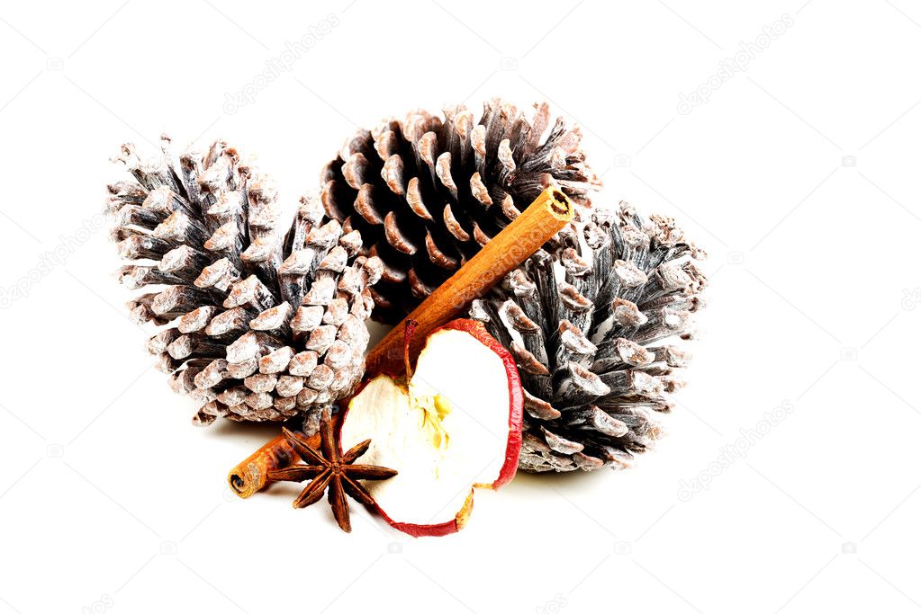 Three cones of a tree with cinnamon and spple slice.