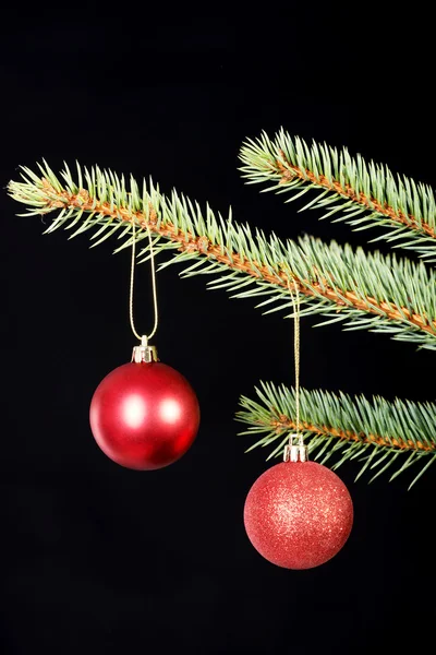 Due palle di Natale appese ad un albero . — Foto Stock