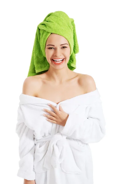 Beautiful woman in turban and bathrobe. — Stock Photo, Image