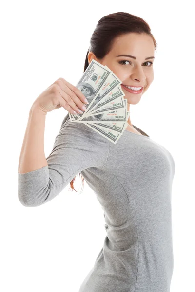 Beatiful casual woman holding money. — Stock Photo, Image