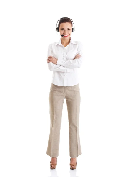 Hermosa mujer de pie con micrófono y auriculares . —  Fotos de Stock