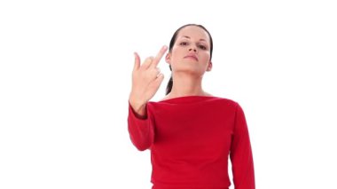 genç bir kadın orta parmak göstermek yukarıya. Beyaz arka plan üzerinde.