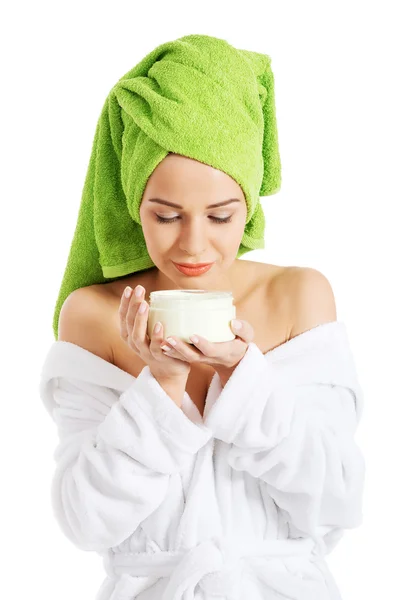 Beautiful spa woman in bathrobe and turban. — Stock Photo, Image